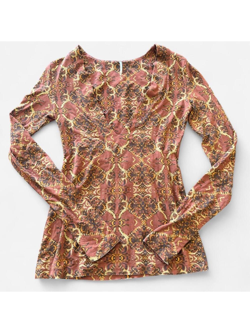 Free People Soft Boho Long Sleeve Top With Metal Hoop Neckline Embellishments